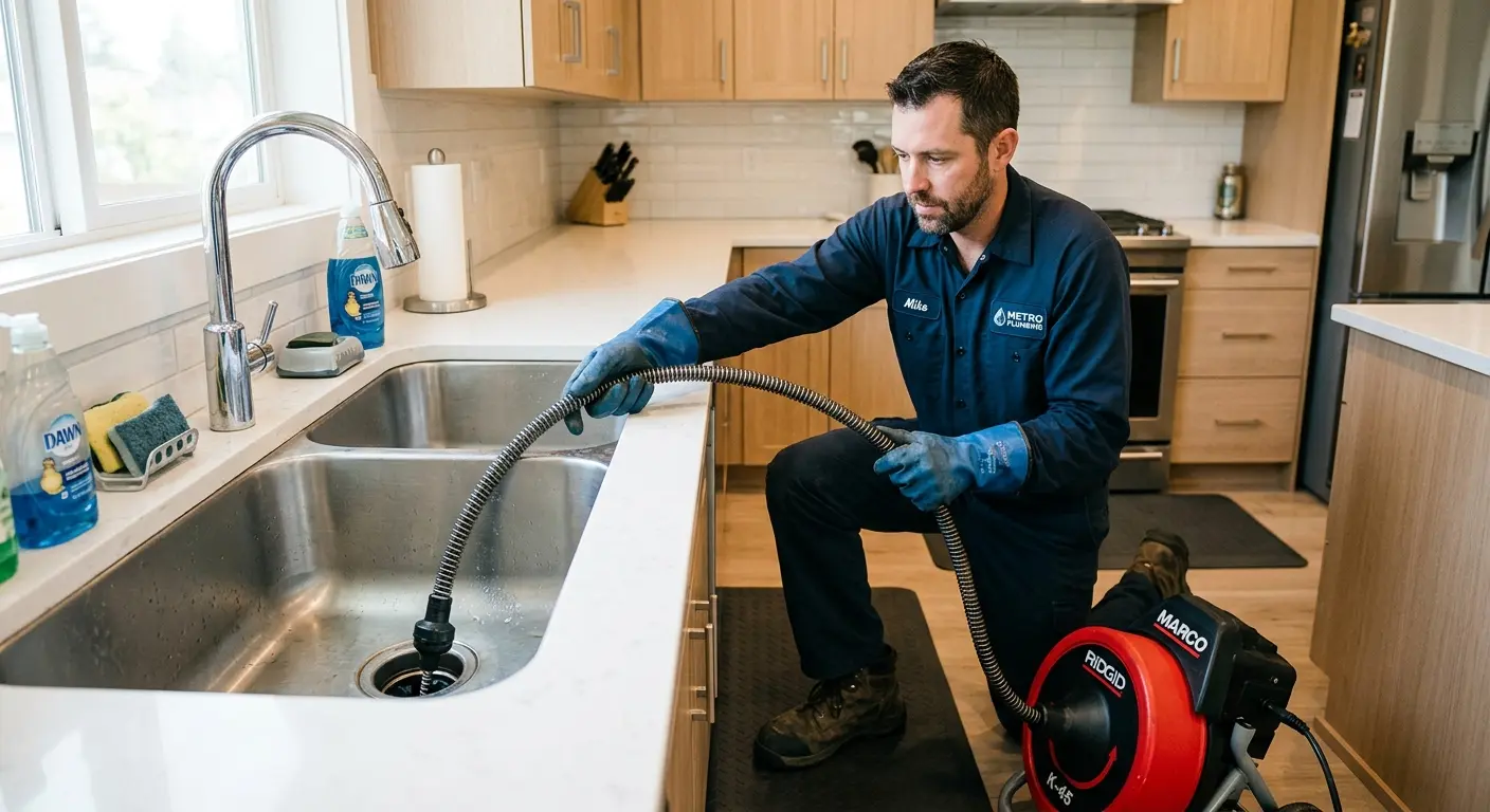 Drain cleaning technician using a motorized snake on a kitchen sink in Collingswood