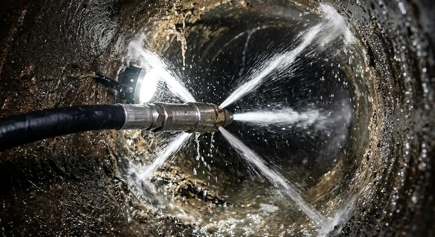 High-pressure hydro jetting nozzle cleaning sewer pipe for Trenchless Sewer Repair in Collingswood